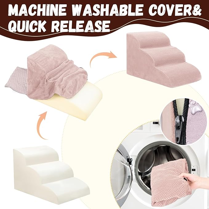 Dog Stairs for Small Dogs - High Density Foam Pet Steps, Extra Wide Dog Ramp with Non-Slip Bottom for High Beds, Couch and Sofa, Best for Dogs Injured, Older Doggy Cats,3 Steps, Pink-PawvioPets