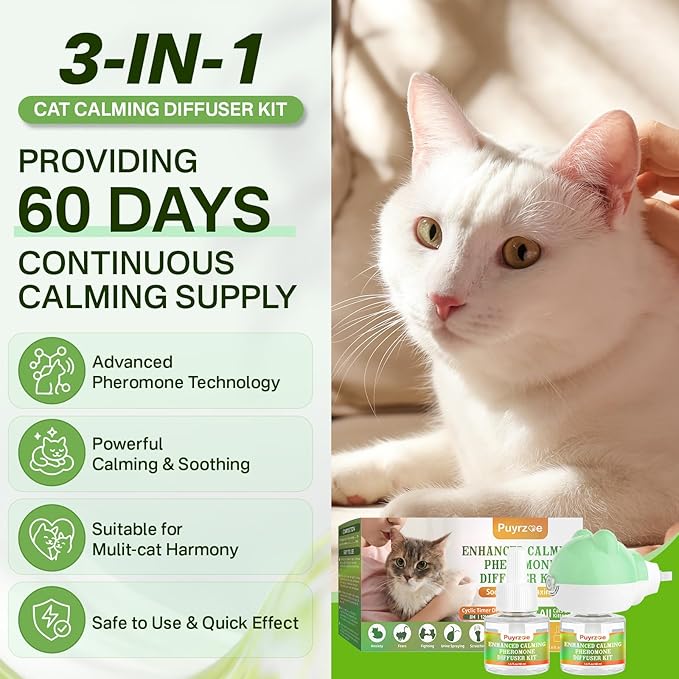 Cat Calming Diffuser with Three Timing Functions, 3-in-1 Cat Pheromones Calming Diffuser Kit, 60-Day Anxiety Relief, Stress Reduction & Relaxation for All Cats (1 Diffuser + 2 Refills)-PawvioPets