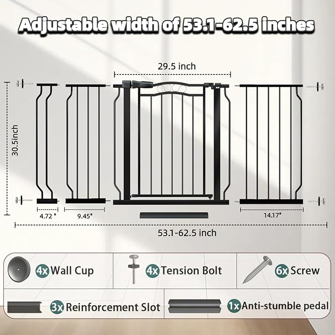 53.1-62.5 Inch Extra Wide Baby Gate, Pressure Mounted Dog Gate Indoor, Walk Thru Pet Gate for Cat Dog Child,Pet Gates for The House Doorway Black-PawvioPets