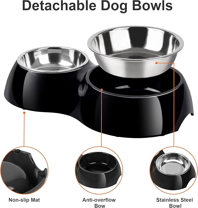 Double Dog Bowls Set – Non-Slip Pet Food & Water Dishes with Resin Stand, Includes Small (1 Cup) & Medium (2 Cups) Bowls – Ideal for Puppies, Cats, and Medium Dogs –Black-PawvioPets