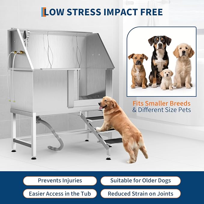 50" Stainless Steel Professional Dog Washing Station - Pet Bathing Tub w/Non-Slip Stairs | Slip-Resistant Floor Grate | for Large/Medium/Small Dogs-PawvioPets