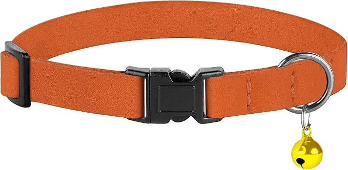 Breakaway Cat Collar Leather with Removable Bell - 13 Colors Available - Soft Adjustable Girl Boy Safety Lightweight Pet Kitten Collars Pink Brown Blue Green Red Orange Black (Orange)-PawvioPets
