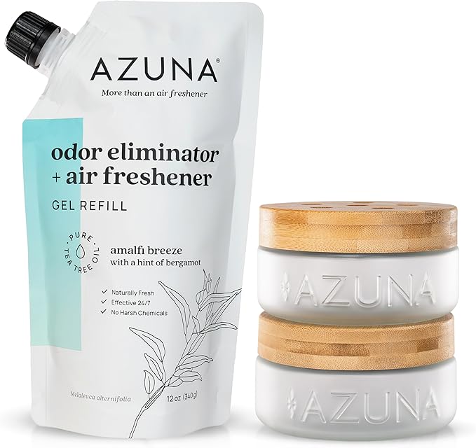 Azuna Air Freshener & Odor Eliminator for Strong Odor | 2 Room Kit Includes (2) 8 oz. Empty Luxe Glass Jars & 12 oz | Refill with Tea Tree Essential Oil Gel | Amalfi Breeze | Last 60-90 Days-PawvioPets