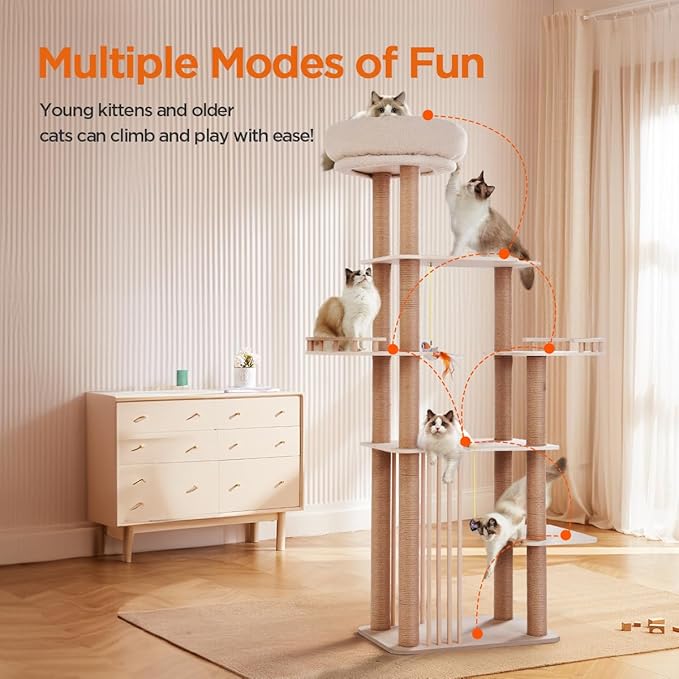 68" Large Cat Tree, Solid Wood Multi-Level Cat Tower with Scratching Posts, Fun Toys, and Washable Plush Platform for Indoor Cats-PawvioPets