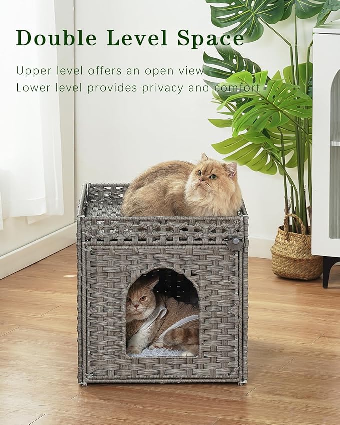 Cat Beds for Indoor Cats Extra Large Double Cat Cave Pet Cube, Handwoven Rattan Cat Houses with Double-Sided Soft Cushions, 18.5 x 20.5 x 19.1 Inches Foldable Hideaway in Living Room Gray-PawvioPets