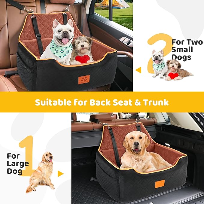 Dog Car Seat for Large/Medium Dog, Booster Seat for Dogs Under 55Lbs or 2 Small, Detachable and Washable Travel Pet Seat with Thick Cushion and Storage Pockets (Black/Brown)-PawvioPets