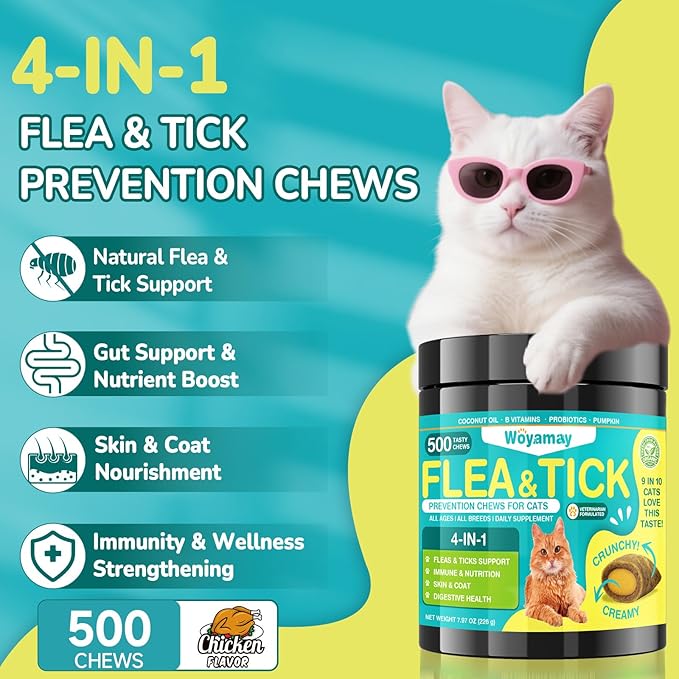 4-IN-1 Flea and Tick Prevention for Cats, 500 Crunchy & Creamy Chews, Cat Flea Treatment, Natural Oral Flea Treatment for Cats, Daily Support for Flea, Immune, Skin & Coat, Gut, Chicken Flavor-PawvioPets