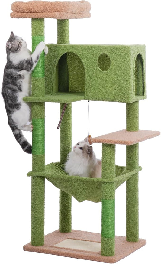 54” Cat Tree for Large Cats Big Cat Tower with Enlarged Hammock 21.6x17.7” Spacious Cats Condo House, Roomy Top Bed,Multiple Scratch Posts and Pad for Indoor Adult Cats (Green, Large-54)-PawvioPets
