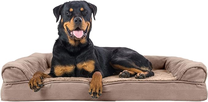 Furhaven Orthopedic Dog Bed for Large Dogs w/ Removable Bolsters & Washable Cover, For Dogs Up to 95 lbs - Plush & Suede Sofa - Almondine, Jumbo/XL-PawvioPets