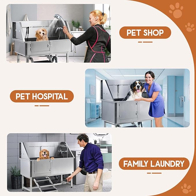 Albott 34 Inch Stainless Steel Dog Washing Station with Non-Slip Steps, Sprayer, Faucet, Tow Rope – Professional Pet Bathtub for Small Dogs, Great for Home, Garage, Salon (Left Door)-PawvioPets