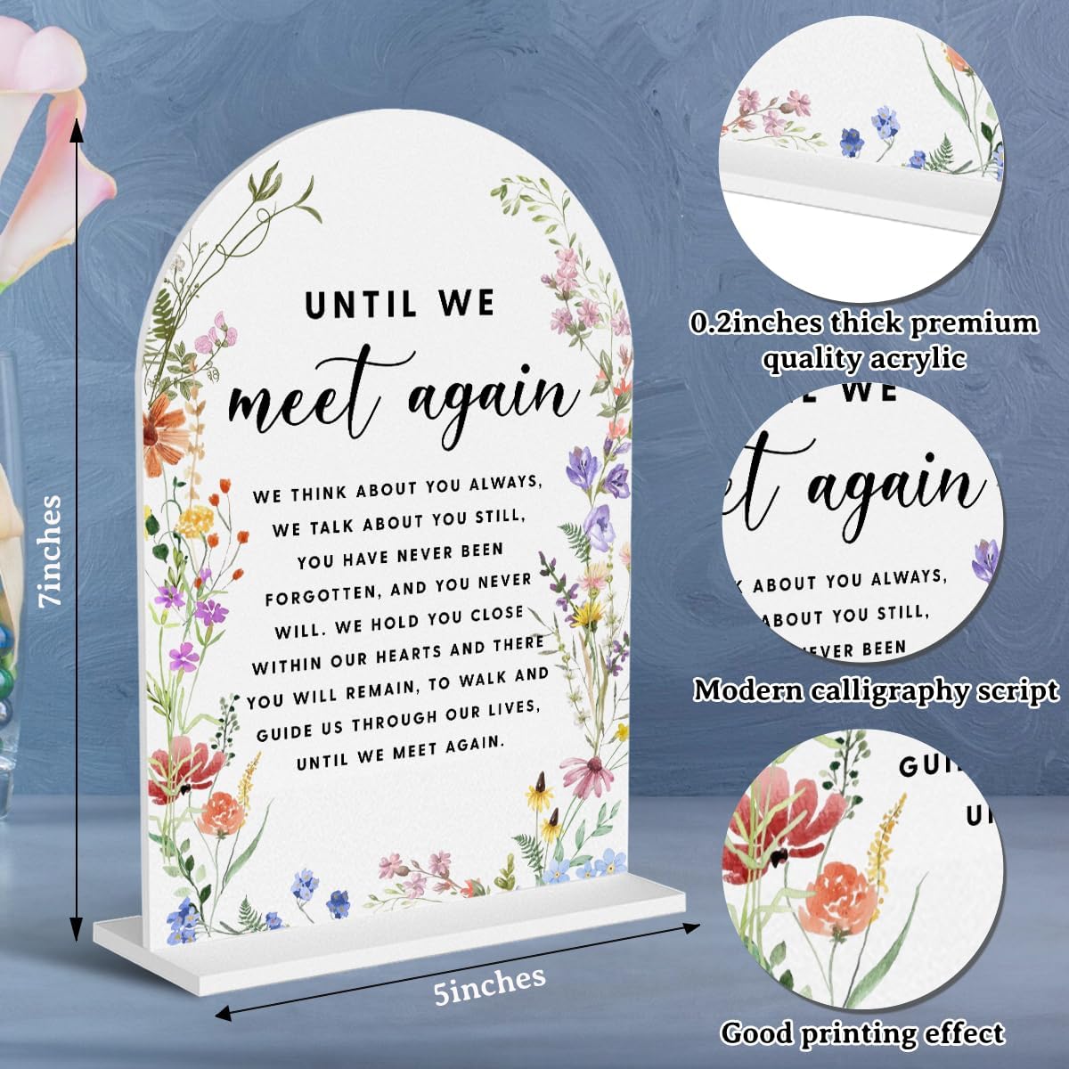 Acrylic Wedding Signs, Until We Meet Again Signs for Marriage Reception, Bridal Shower Decorations, Modern Arched Round Top Acrylic Table Top Sign with Holder for Wedding Party (White Wildflowers)