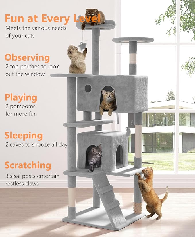 70'' Cat tree Tower for Indoor Cats Large Adult,Cute/Tall Modern Cat Tree for Big Cats 20 lbs,Plush Multi-Level Cat Condo with Scratching Posts,Dangling Ball for fun play(Light Gray, 70 inch)-PawvioPets