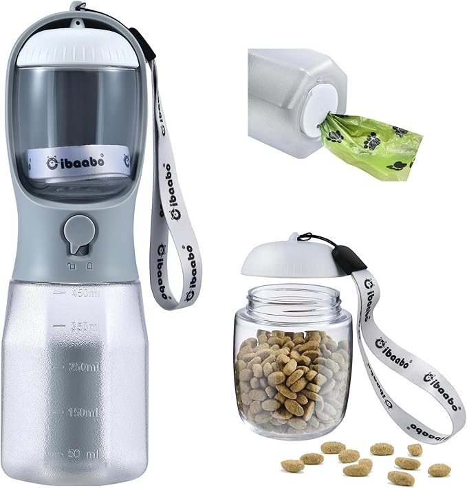 Dog Water Bottle with Food Container & Poop Bag Holder, Travel Water Bowl, Portable Pet Dispenser, Dog Stuff Accessories Items, Puppy Essentials Necessities for Yorkie Chihuahua Walking Hiking-PawvioPets