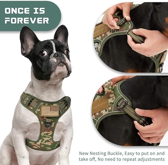 BUMBIN Tactical Dog Harness for Small Dogs No Pull, Famous TIK Tok No Pull Puppy Harness, Fit Smart Reflective Pet Walking Harness for Training, Adjustable Dog Vest Harness with Handle Forest Camo XS-PawvioPets