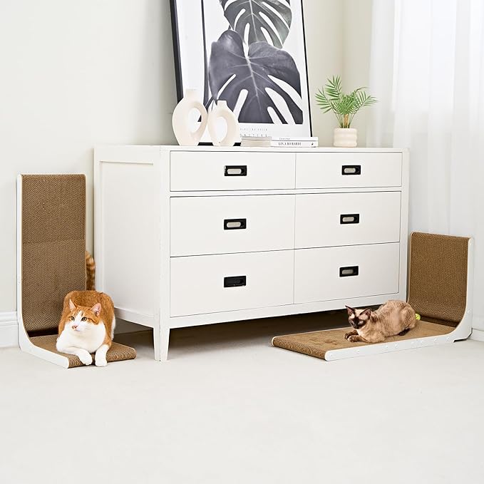 EHEYCIGA Cardboard Cat Scratcher for Indoor Cats, 32 Inch L Shaped Vertical Cat Scratching Board with Ball Cat Toy, Extra Large Cat Scratcher Pad, White-PawvioPets