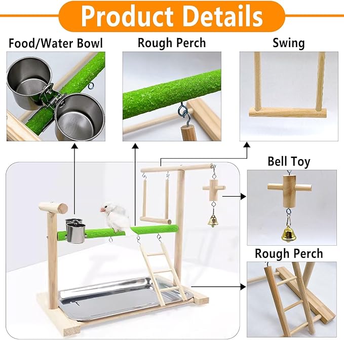 Birds Playground Parrot Playstand Birds Perch Stand Gym Natural Wood Play Stand with Ladder Swing Feeder Cups for Parakeets Cockatiels Lovebirds Conures Budgies-PawvioPets