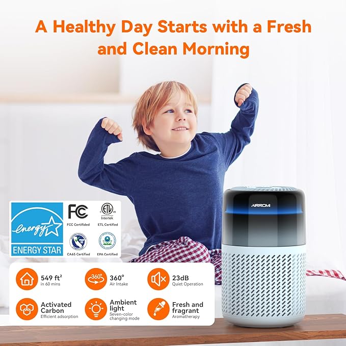 AIRROMI Air Purifier for Bedroom Home,HEPA Filter,Covers Upto 549 Ft²,Quiet 360°intake Air Cleaner with Fragrance ponge for Better Sleep,Night Light,Filters Smoke,Pet Dander,Allergies,Dust,A2005 Blue-PawvioPets