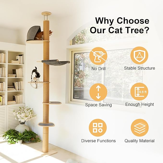 FUKUMARU Floor to Ceiling Cat Tree, 6 Level Adjustable Height (5.7-9.8 ft) Climbing Tower with Thickened Scratching Posts, Cats Activity Center with Transparent Capsule and Cozy Hammock-PawvioPets