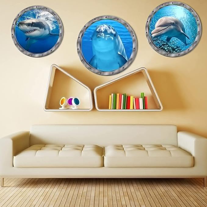 9PCS Ocean Animals World Under Sea Decor Sea Turtles Dolphins Fishes Sharks Coral Removable 3D Peel and Stick Vinyl Stickers-PawvioPets