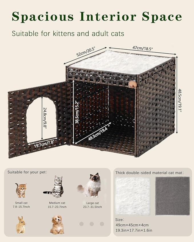 Cat Beds for Indoor Cats Extra Large Double Cat Cave Pet Cube, Handwoven Rattan Cat Houses with Double-Sided Soft Cushions, 18.5 x 20.5 x 19.1 Inches Foldable Hideaway in Living Room Brown-PawvioPets