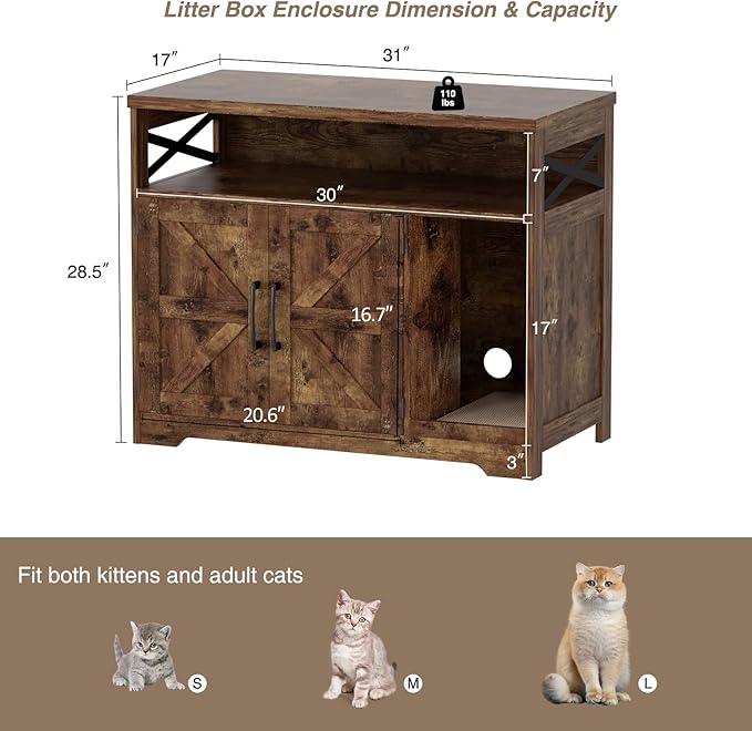 Cat Litter Box Enclosure, Hidden Litter Box Furniture with Scratch Pad, Farmhouse Indoor Cat House Washroom End Table, Rustic Brown-PawvioPets
