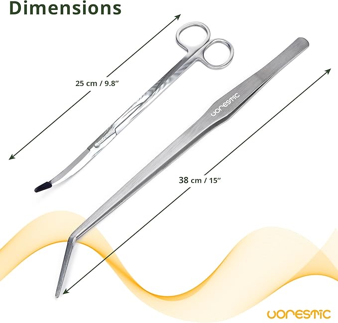 2PCS 15" Curved Aquarium Tweezers Long and 9.8" Aquarium Scissors, Feeding Tongs and Scissors with Protective Cap, Stainless Steel Aquascaping Tools for Plant Trimming and Reptile Feeding-PawvioPets