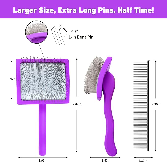 Dog Slicker Brush for Shedding and Grooming Medium or Long Haired Cats, Extra Long & Soft Pin Slicker Brush for Removes Loose Hair, Tangles, Knots, Undercoat, Free Pet Comb, Large Purple-PawvioPets