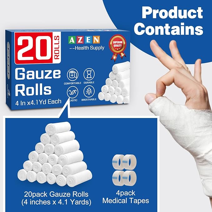 AZEN 20 Pack Gauze Rolls Bandages, 4 in x 4.1 Yards, Premium Medical Supplies & First Aid Supplies, Bandage Wrap Vet Wrap, Mummy Wraps-PawvioPets