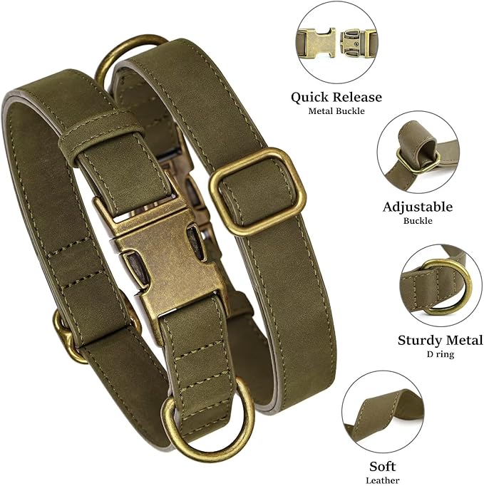 Didog Soft PU Leather Dog Collar, Stylish Quick Released Dog Collars for Medium Dogs, Easy Clean Adjustable Pet Collar for Daily Walking, Dark Green, M Fit 13-21" Neck-PawvioPets