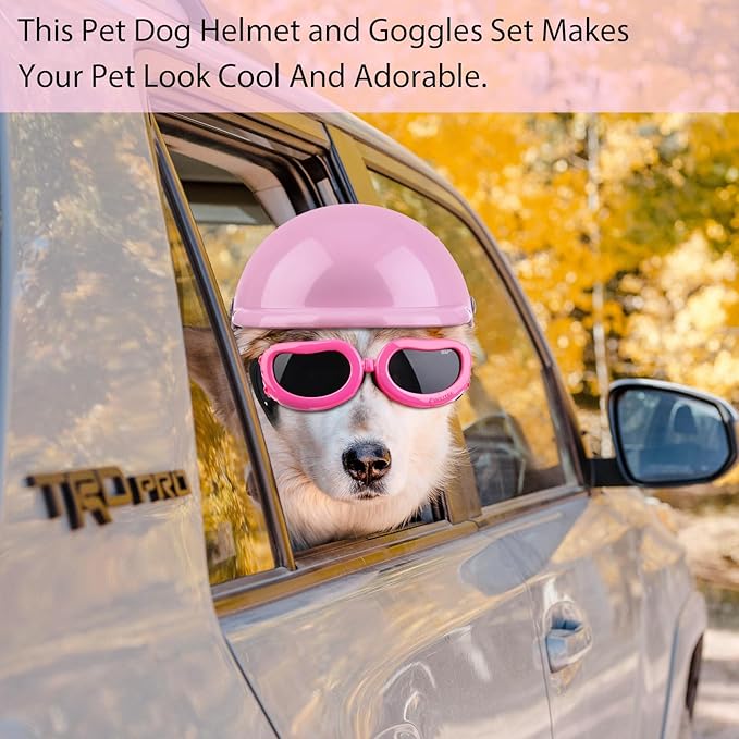 Frienda Dog Helmet and Goggles, UV Protection Doggy Sunglasses and 4 Inch Padded Puppy Motorcycle Helmet Adorable Dog Goggles with Adjustable Belt for Small Dogs Puppy Riding(Pink,S)-PawvioPets