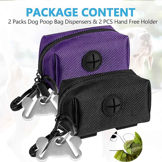 Dog Waste Bag Dispenser Pet Poop Bags Holder for Doggie Waste Bags Dispensers Soft Fabric Zipper Small Doggy Puppy Pouch for Leash Accessory Attachment with Carrier,2PCS Purple&Black-PawvioPets