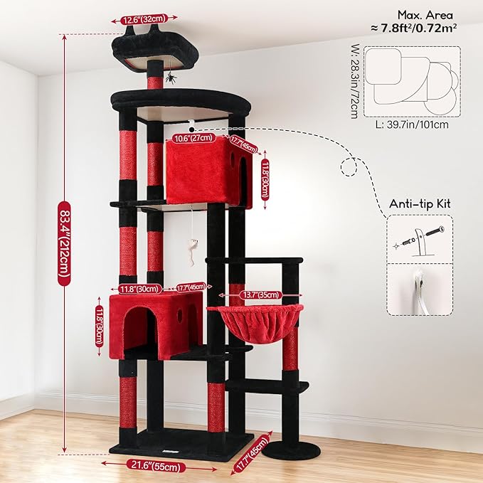 Globlazer Gohtic Giant Cat Tree, 83 inch Goth Cat Tree for Indoor Cats Large Adult, XXL Cat Tower with 9 Scratching Posts for 20lb+ Heavy Duty Large Adult Cats, F83, Blood-Goth-PawvioPets