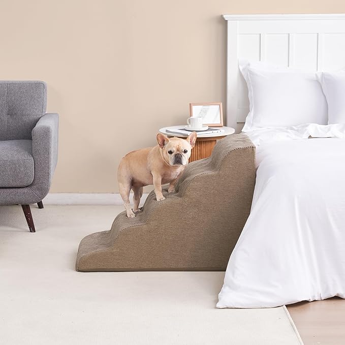 EHEYCIGA Curved Dog Stairs Ramp for High Beds, 5-Step Extra Wide Dog Steps for Small Dogs and Cats, Pet Stairs for High Bed Climbing, Non-Slip Balanced Pet Step Indoor, Camel-PawvioPets