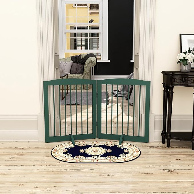 Freestanding Pet Gate for Dogs, Foldable Wooden Dog Gate for House, Stairs, Doorways, Step Over Pet Puppy Safety Fence,Support Feet Included,24" Height 2 Panels, Green-PawvioPets