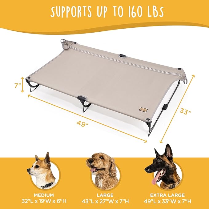 Daisy Cot, XL Foldable Elevated Dog Bed, Portable Raised Outdoor Folding Dog Cot, Cooling, Chew Proof, Waterproof, Heavy Duty Up to 160 lbs for Camping/Home, Brown, 49"x 33"x7"-PawvioPets
