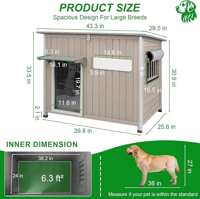 Dog House Outdoor Weatherproof & Wooden Dog Kennel with Chew-Proof Iron Frame，Removable Floor, Adjustable Vent Window, Easy Assembly for Large and Medium Dogs 43.3" D x 29.5" W x 33.5" H-PawvioPets