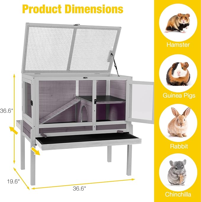 AIVITUVIN Wooden Guinea Pig Cage Indoor with Cooling Plate and Anti-Chewing Edges Two-Story Rabbit Hutch Pull Out Tray Outdoor Rabbit Cage with Raised Stand and Wire Mesh Small Animals Cage (Grey)-PawvioPets