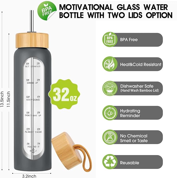 32 oz Glass Water Bottle with Straw - Motivational Time Marker & Silicone Sleeve - Reusable Tumbler Includes 2 Bamboo Lids & Fruit Infuser - 1 Pack-PawvioPets