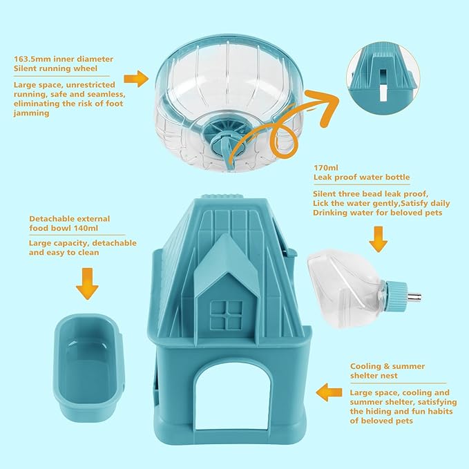 4 in 1 Silent Large Hamster Wheel Multifunctional Hamster Running Wheel Quite Running Spinner Wheel Accessories with Food Bowl Water Bottle for Hamsters Dwarf Gerbil (Blue)-PawvioPets