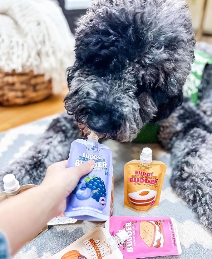 BUDDY BUDDER 6 Pack Mixed Flavor Squeeze Packs, 100% Natural Dog Peanut Butter, Healthy Peanut Butter Dog Treats, Made in USA, (4oz Packs)-PawvioPets