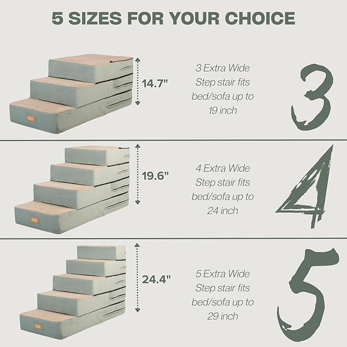 All-in-One Adjustable Dog Stairs – 5-Step Premium Pet Ramp for Small to Large Dogs – Sturdy, Non-Slip & Versatile for Beds, Sofas & More - Soft Cover, Modern Design (Green)-PawvioPets
