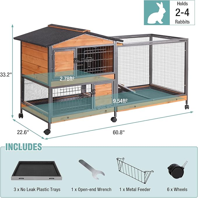 2-Story Rabbit Cage with Chew-Proof Metal Frame for Indoor/Outdoor - 62" Bunny Hutch Guinea Pig Cages with 6 Locking Wheels & 2 Removable Trays for Rabbits/Guinea Pigs-PawvioPets