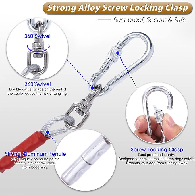 Dog Tie Out Cable for Dogs Outside Up to 250lbs,10/20/30/50/100FT Long Dog Leash&Chains,Small-Large Dogs Runner Cable for Yard,Heavy Duty Lead Line for Outdoor,Camping,Yard (250lbs 100FT, Silver)-PawvioPets