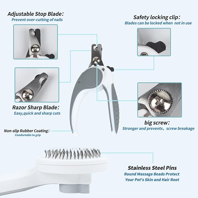 2PCS Pet Grooming Kit，Cat Brushes、Cat Nail Clipper，Cat Grooming Brush for Sedding and Grooming Fur（Grey）-PawvioPets