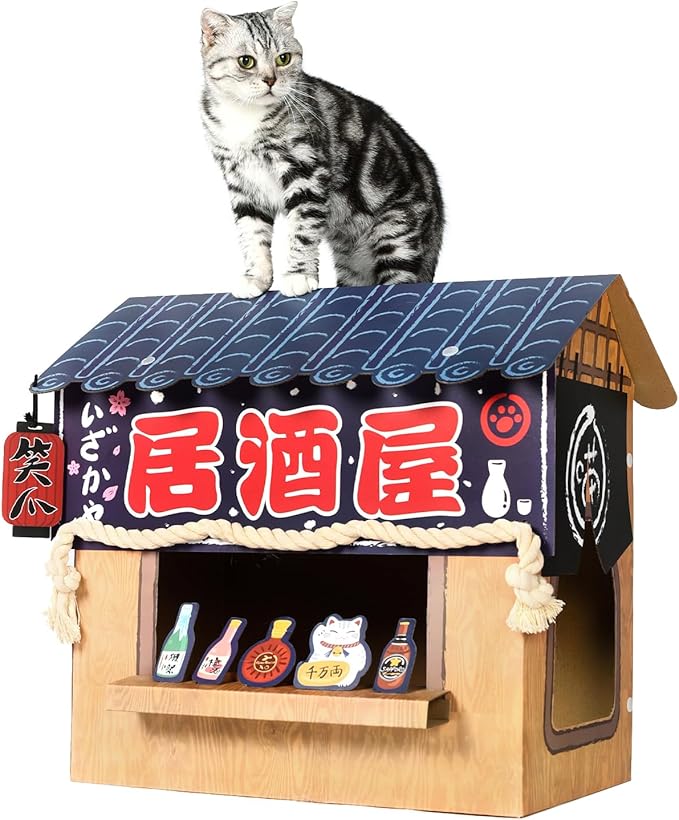 Cat Beds for Indoor Cats, Cardboard Cat House with Scratchers, Izakaya Bar, Large Sturdy Cat Furniture Condo Cave Tent, Easy to Assemble Pet Toys Accessories Stuffs, Bunny Small Animals-PawvioPets