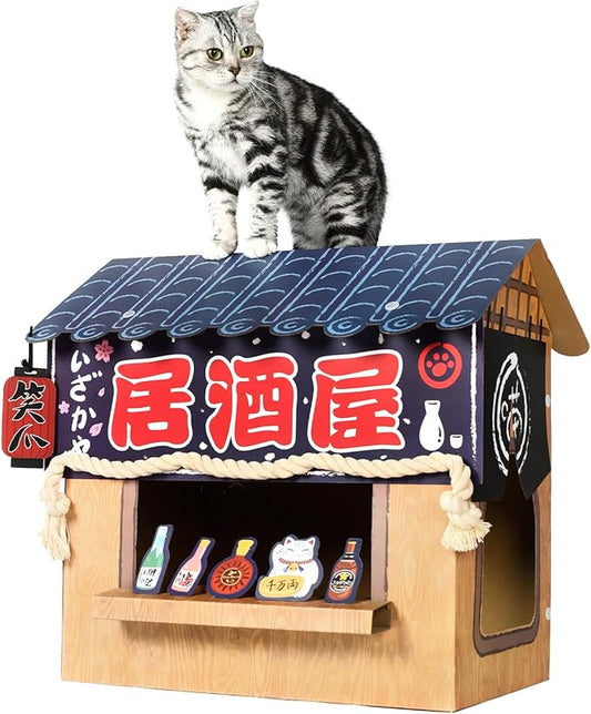 Cat Beds for Indoor Cats, Cardboard Cat House with Scratchers, Izakaya Bar, Large Sturdy Cat Furniture Condo Cave Tent, Easy to Assemble Pet Toys Accessories Stuffs, Bunny Small Animals-PawvioPets