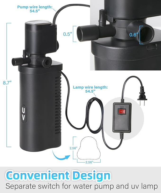 COOSPIDER Aquarium Filter U-Very Suitable for 10-45 Gallon Tank, 158GPH Small Fish Tank Filters for Green Control, Powerful Internal Submersible Pump for Turtle Tank, Air Supply & Oxygen Enhancement-PawvioPets