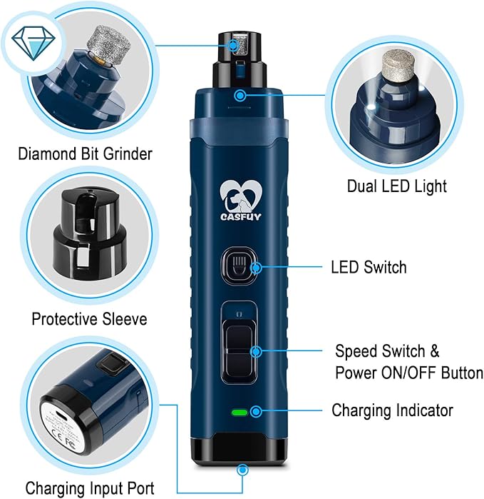 Casfuy Dog Nail Grinder with 2 LED Light - 4.8V Super Powerful 2-Speed Electric Pet Nail Trimmer for Medium Large Dogs Quiet Rechargeable Painless Paws Grooming & Smoothing Tool (Dark Blue)-PawvioPets
