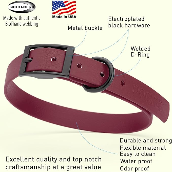 Dogline Biothane Waterproof Dog Collar Strong Coated Nylon Webbing with Black Hardware Odor- Proof for Easy Care Easy to Clean High Performance Fits Small Medium or Large Dogs, Merlot Burgundy-PawvioPets