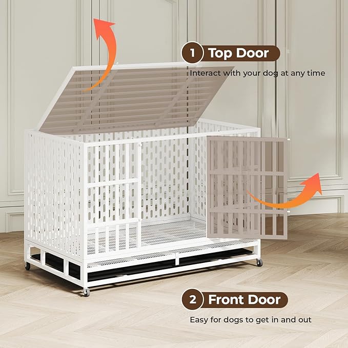 48 Inch Heavy Duty Indestructible Dog Crate Steel Escape Proof, Indoor Double Door High Anxiety Cage, Kennel with Wheels, Removable Tray,White,Extra Large XL XXL-PawvioPets